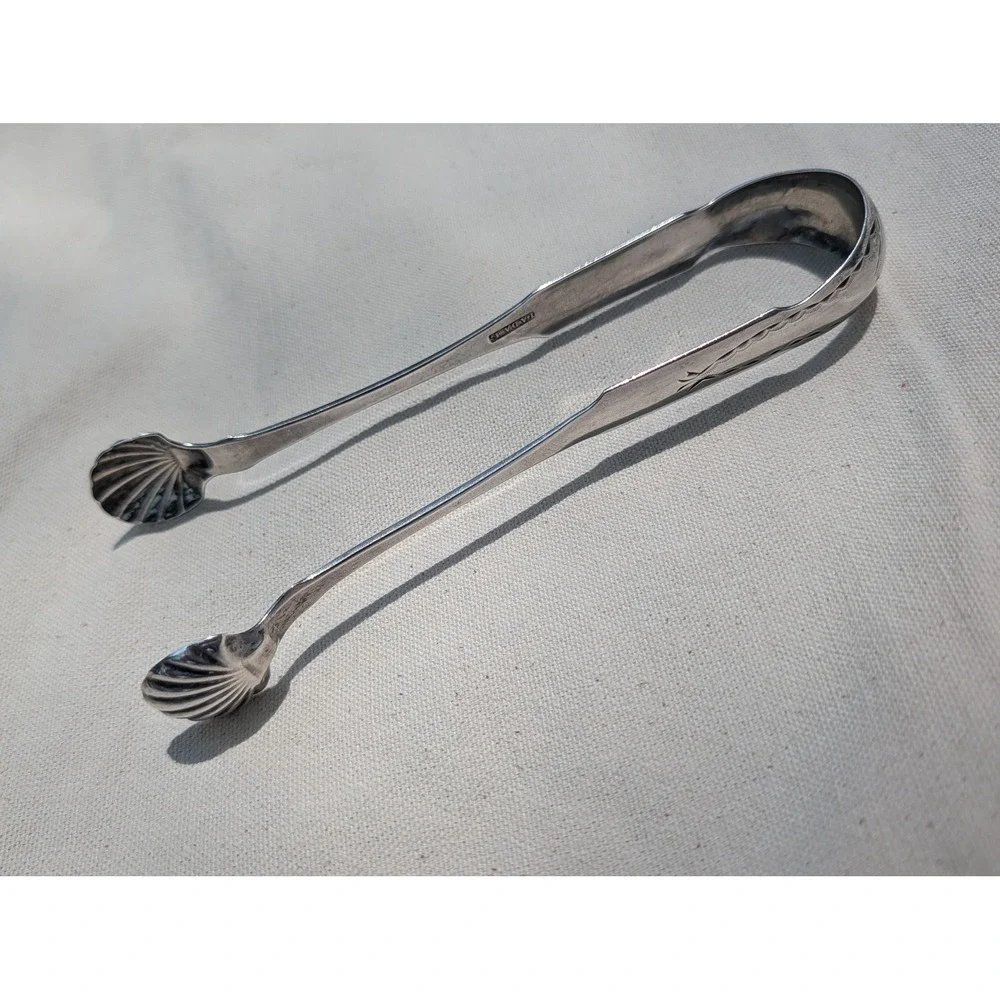 James Adam Antique Coin Silver Sugar Tongs Shell Motif Monogrammed Georgian